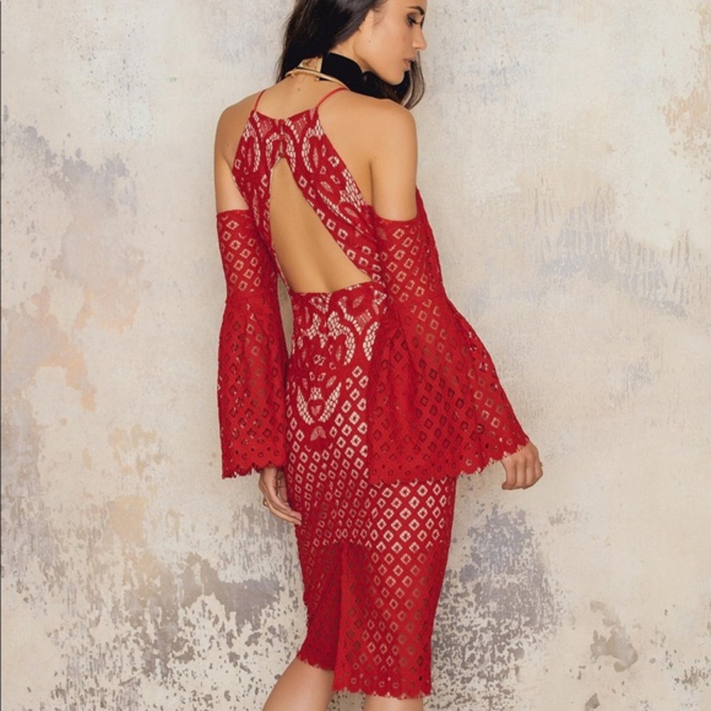 Red Lace - Bardot dress. Open back